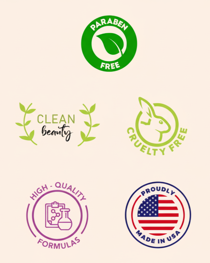 Collection of eco-friendly product labels, including a green 'paraben free' leaf icon, 'clean beauty' with plant decorations, a cruelty-free bunny symbol, a 'high quality formulas' lab icon, and a 'proudly made in USA' American flag badge.