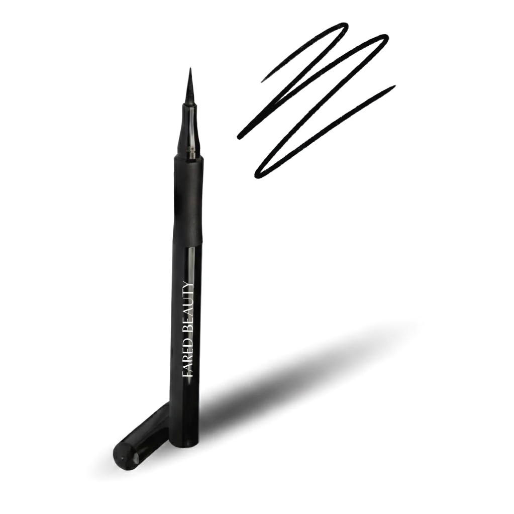 A black liquid eyeliner pen labeled 'FARED BEAUTY' with swatches of black eyeliner in different styles above it.