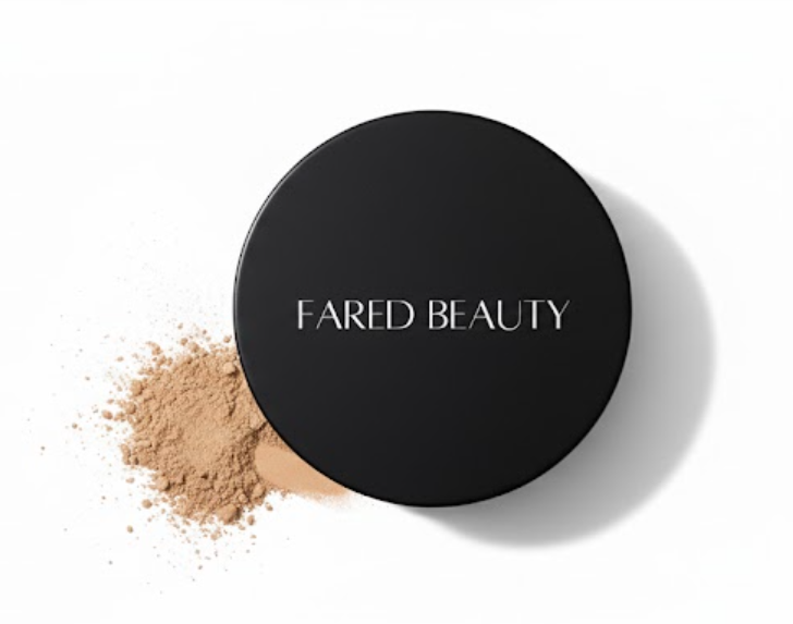 Black compact powder container labeled "FARED BEAUTY" with loose powder spilled next to it on a white background.