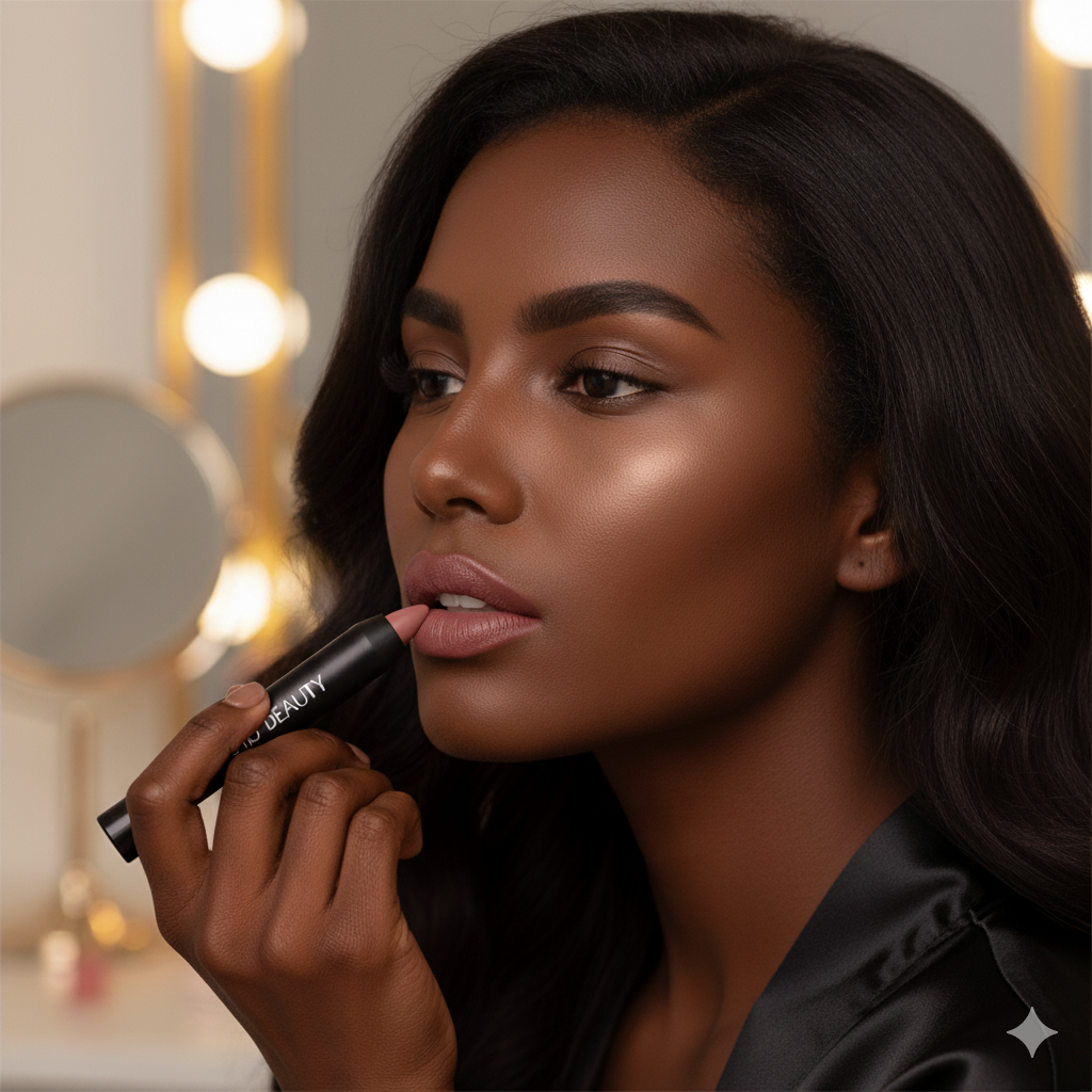 A woman with long dark hair applying light pink lipstick in front of a mirror with round lights.