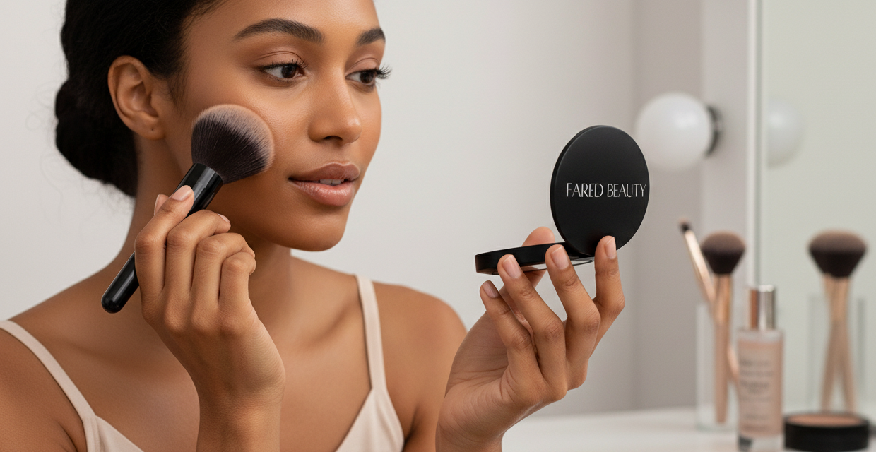 Woman applying makeup with a brush while looking at a compact mirror labeled "FARED BEAUTY" in front of a mirror with makeup brushes in the background.