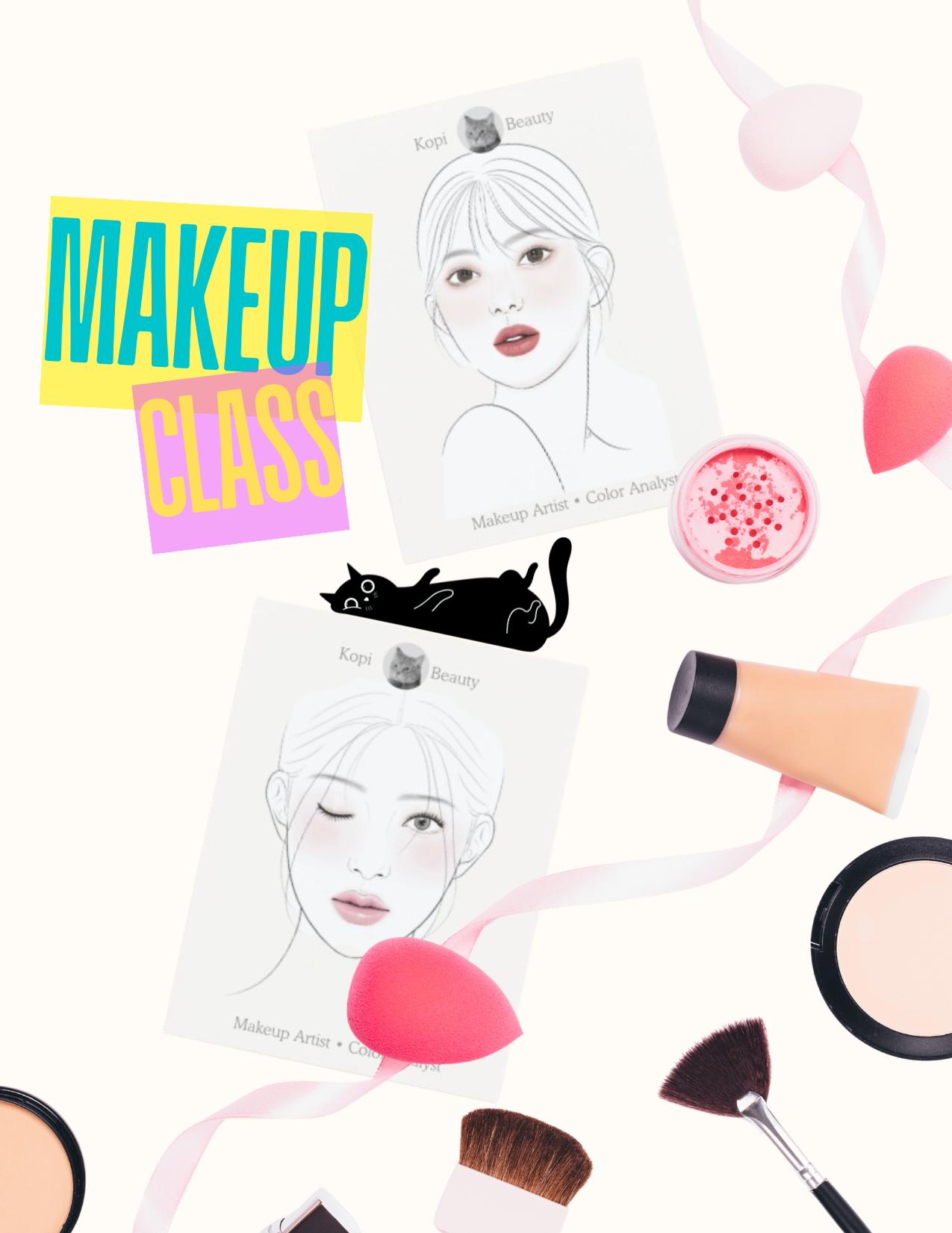 A makeup class promotional image featuring illustrations of female faces, makeup tools like brushes and sponges, face powders, and pink decorative elements, with text that says 'Makeup Class' in colorful letters.