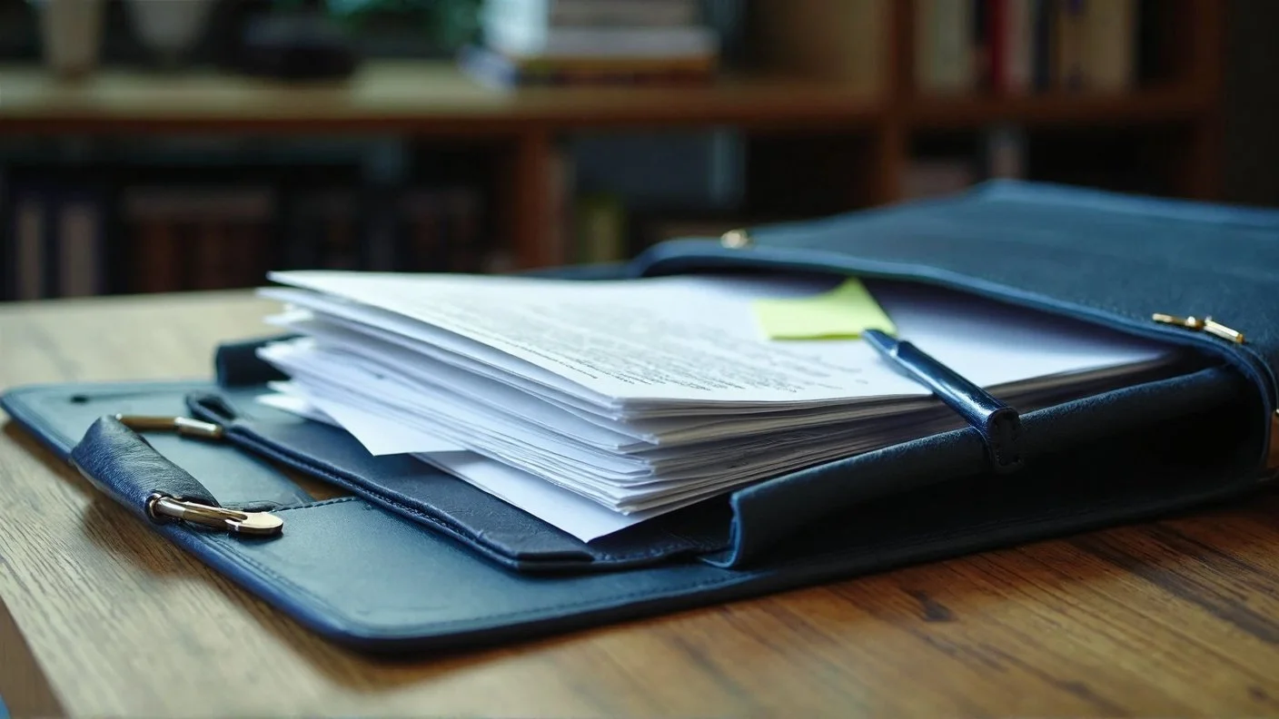 Open leather briefcase filled with stacked documents, placed on a wooden table in a home office environment.
