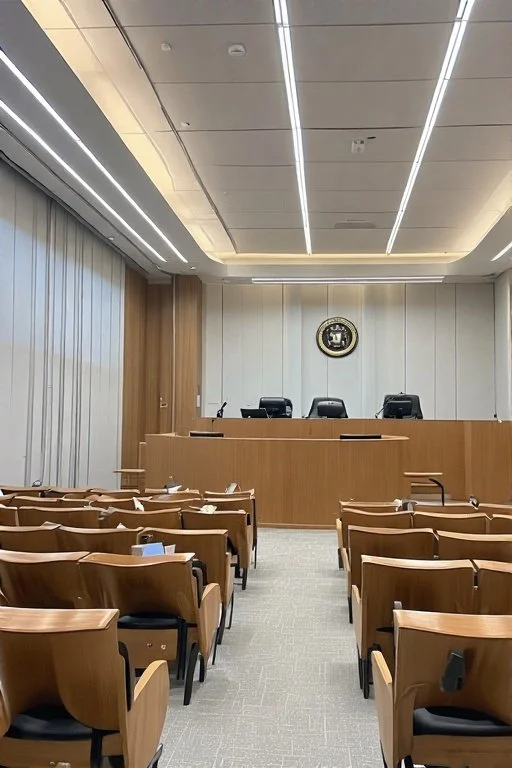 Empty courtroom with wooden chairs, a judge's bench, and a seal on the wall.