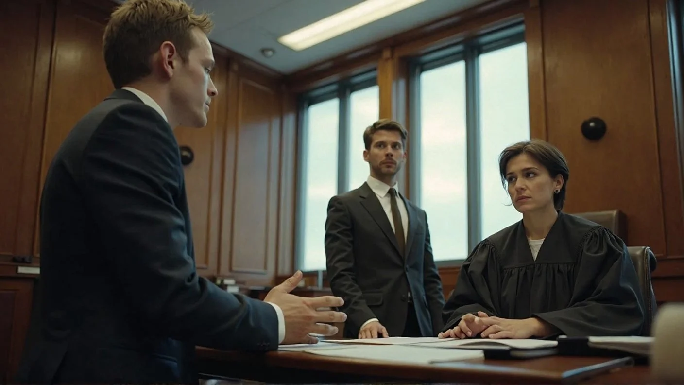 Three individuals in a courtroom: a man in a suit gesturing while speaking, a woman in a judge's robe sitting at a desk, and another man in a suit standing behind her, with wood-paneled walls and large windows in the background.