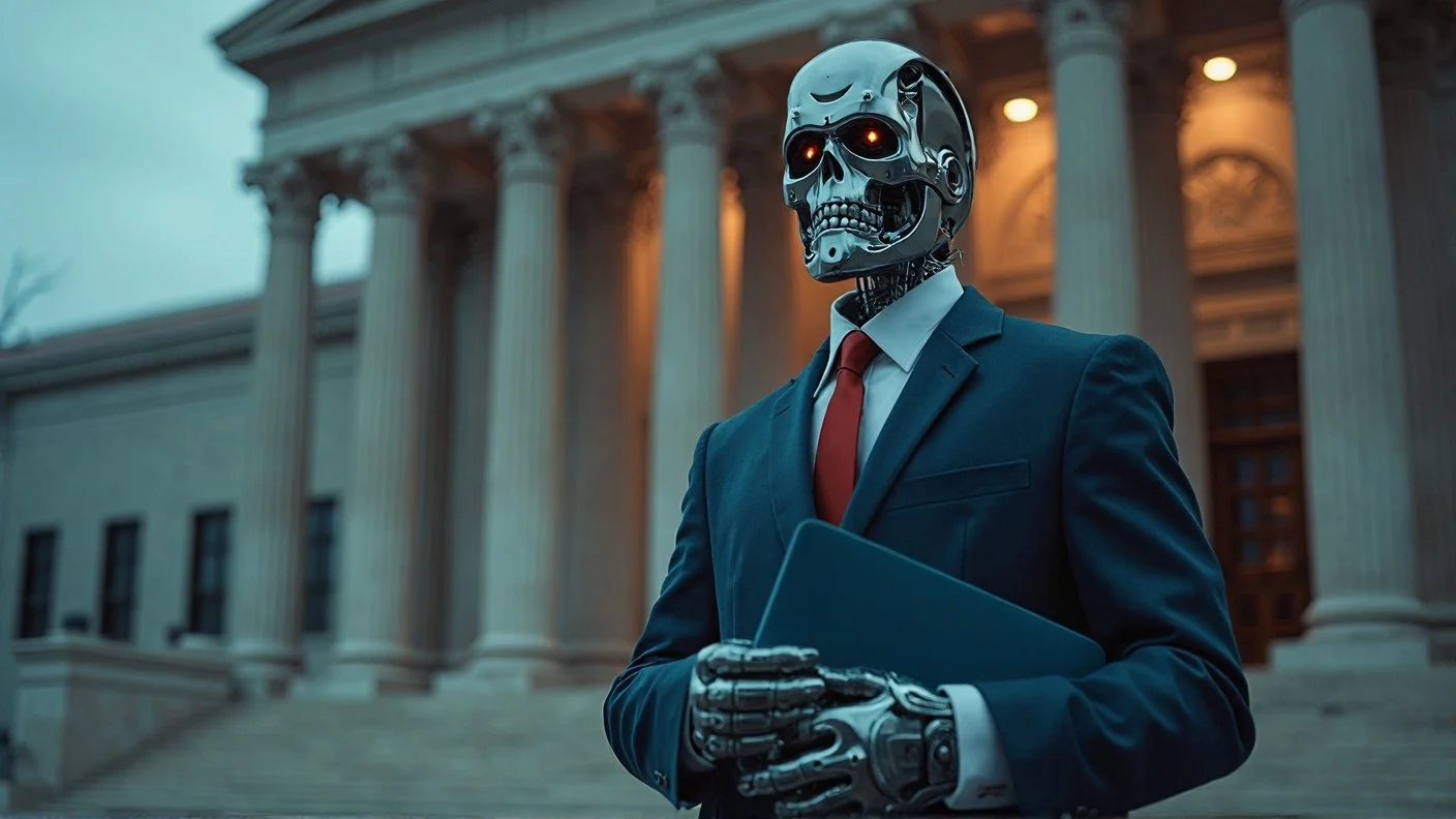 A humanoid robot with a metallic skull face, glowing red eyes, dressed in a business suit with a red tie, standing in front of a government building with large columns, holding a laptop.