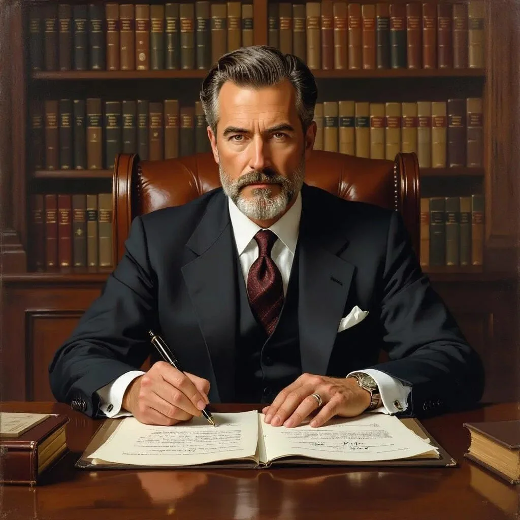A middle-aged man with gray hair and beard, dressed in a black suit, white shirt, and maroon tie, sitting at a wooden desk in a law office or library. He is holding a pen over an open law book, with a serious expression. Behind him are shelves filled with law books.