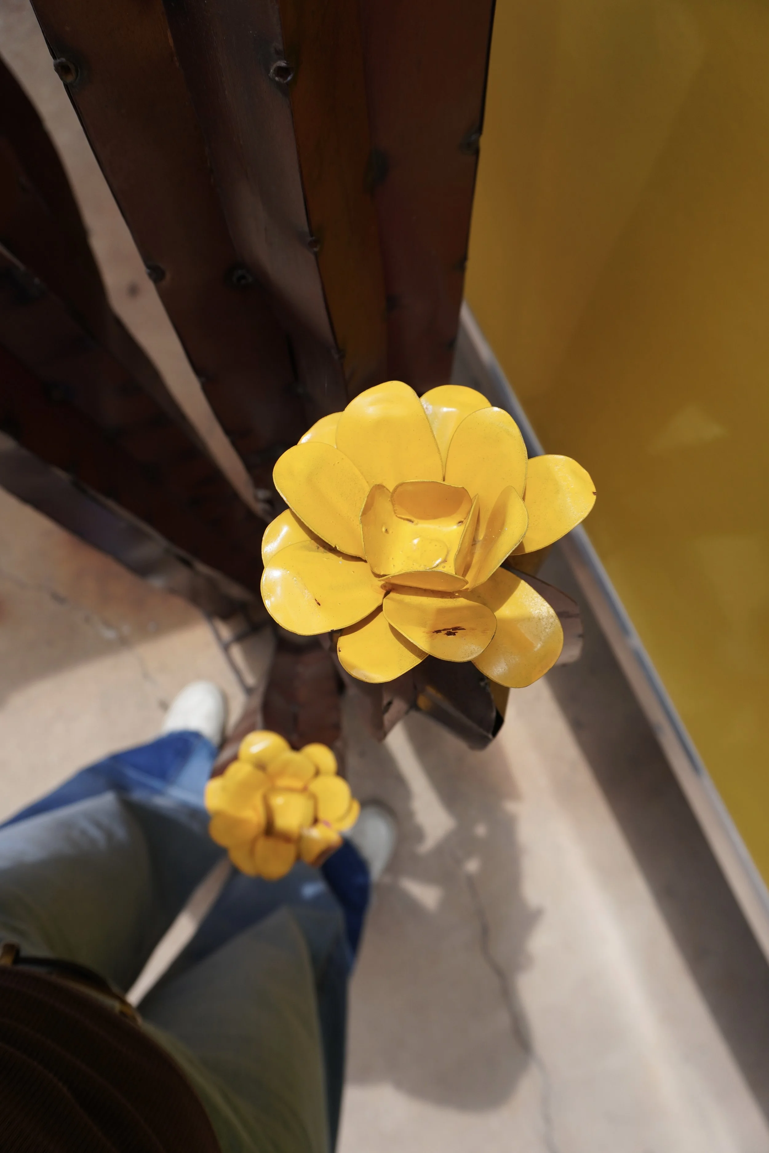 A person standing on tiled floor wearing grey pants, blue and white sneakers, looking down at a yellow flower decoration attached to a wooden surface.