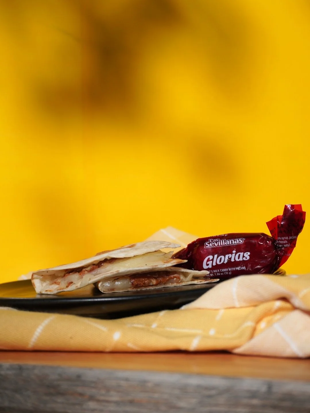 flour quesadilla dessert filled with creamy goats milk and pecan