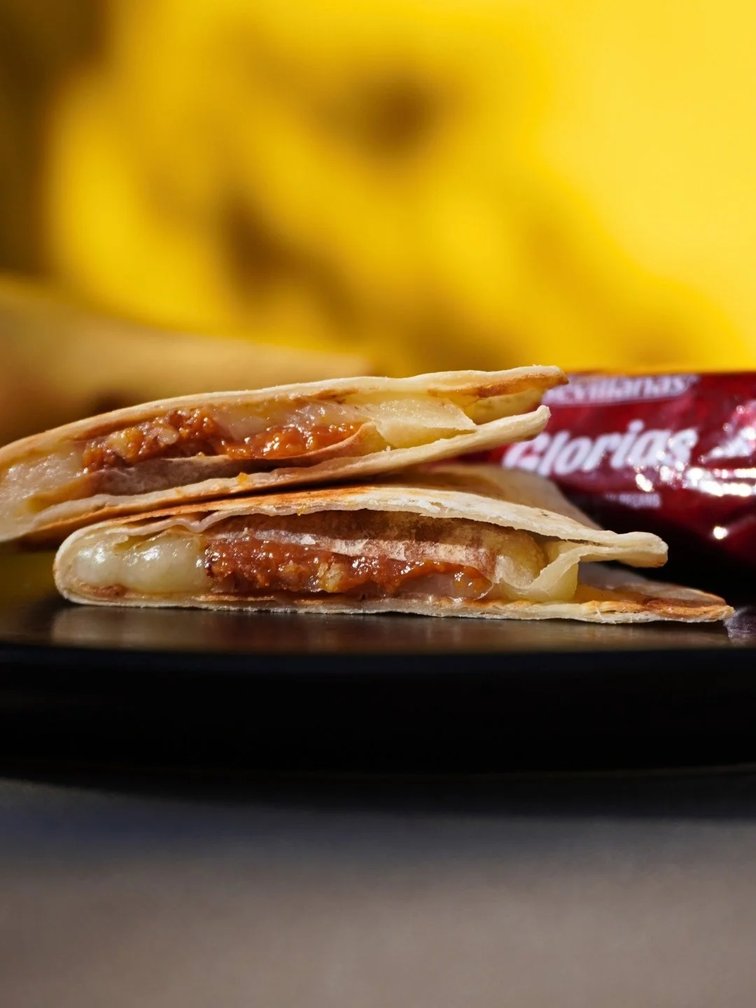 flour quesadilla with goats milk and pecans inside
