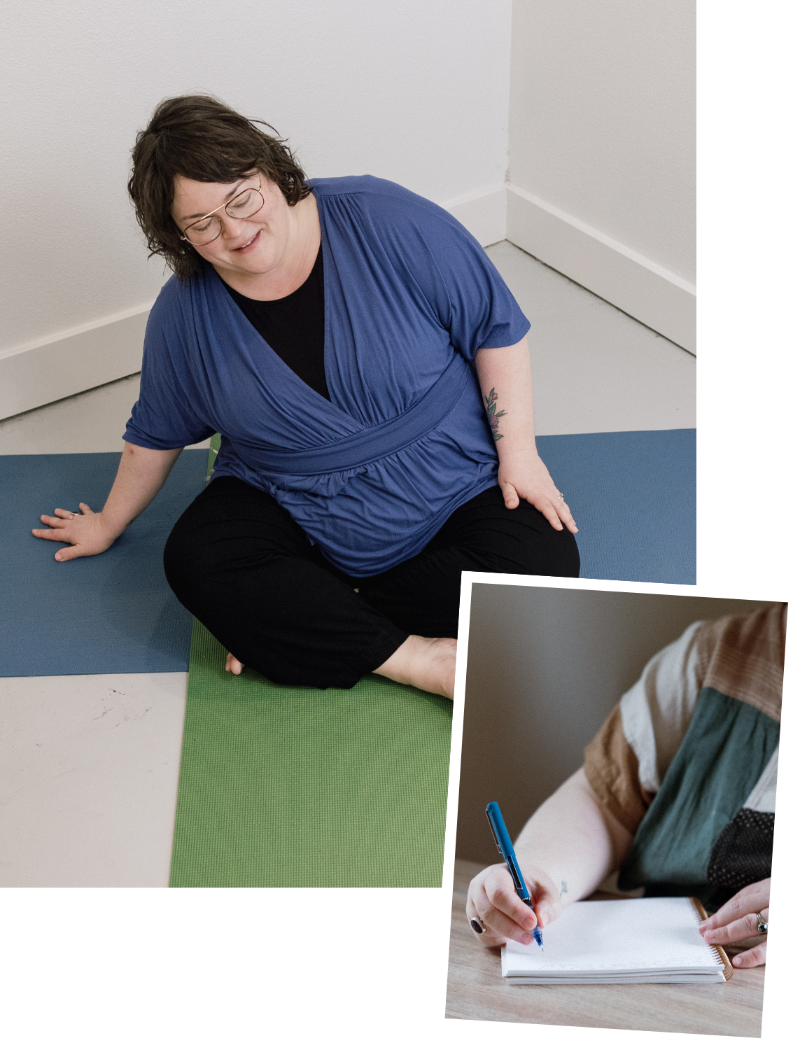 A woman practicing yoga on a green mat, sitting cross-legged and smiling. A person in the corner is writing in a notebook with a pen.