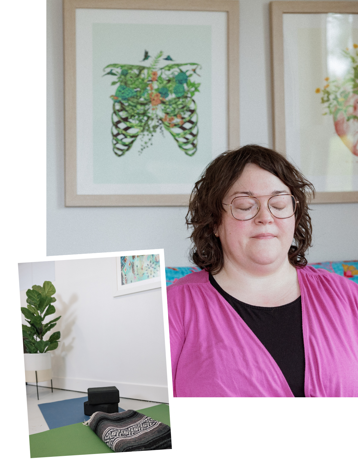 A woman with glasses and a pink shirt is practicing meditation with her eyes closed. Behind her is a framed anatomical illustration of a butterfly-shaped plant and flowers on the wall. In the foreground, yoga mats, a blanket, and yoga blocks are arranged, and a potted plant is visible in the corner.