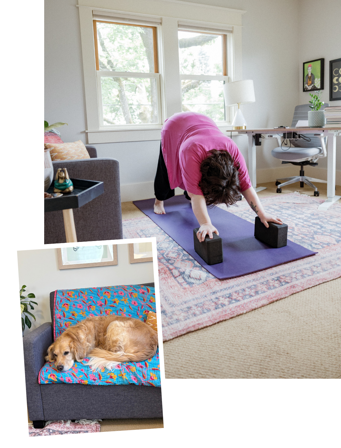 A woman practicing yoga on a purple mat in a sunlit room with large windows, with a small dog sleeping on a colorful blanket on a gray sofa nearby.