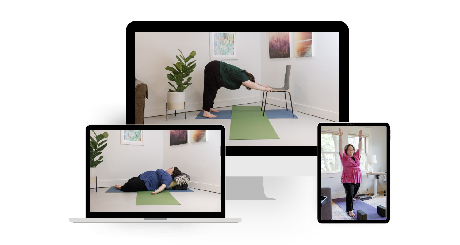 A woman doing a stretching yoga pose with her hands on a chair, another woman lying on her back on a yoga mat with a pillow, and a third woman standing with arms raised, all practicing yoga or stretching at home through virtual sessions displayed on a laptop and phone screens.