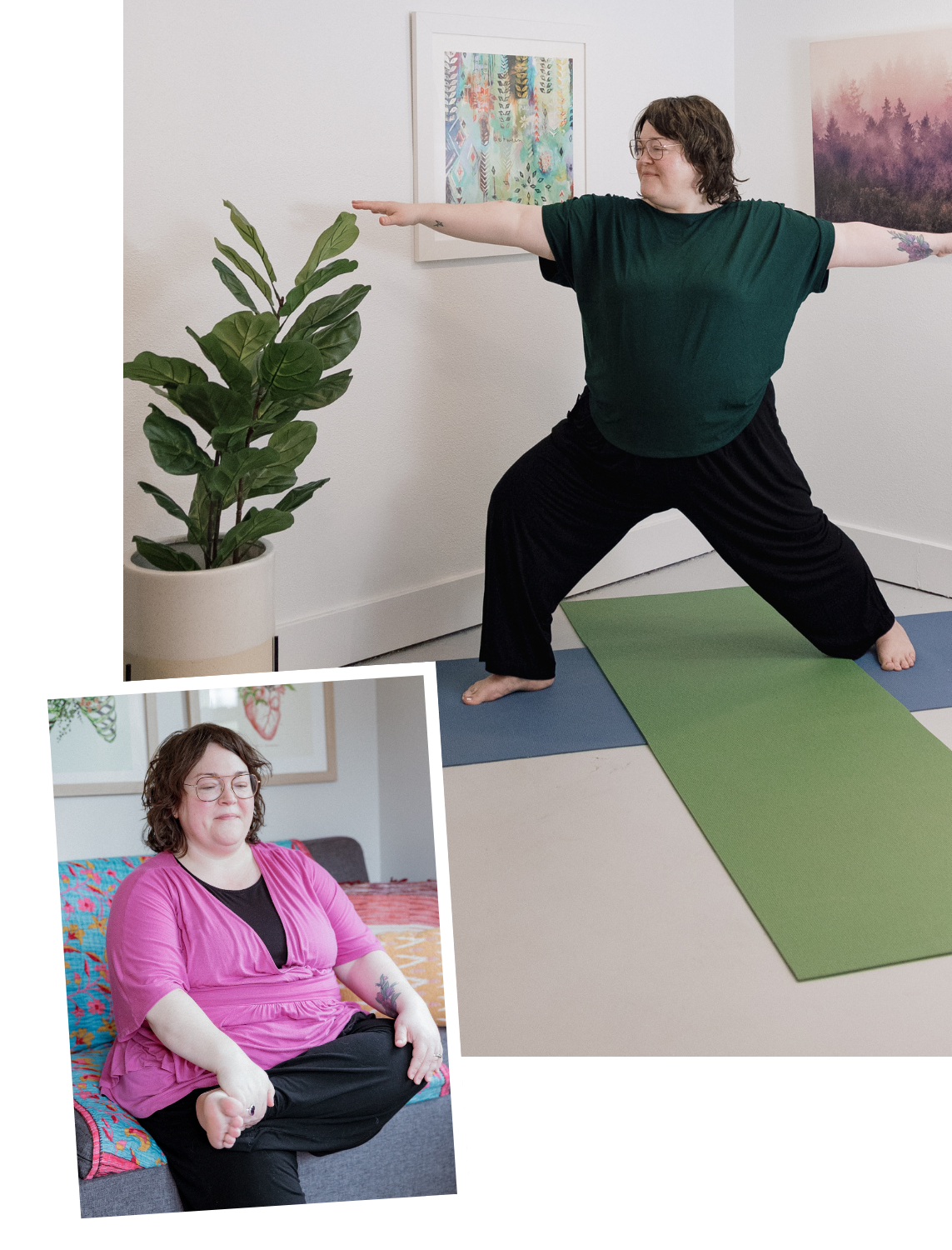 A woman in a green shirt and black pants practicing yoga in a room with artwork on the wall, a large potted plant, and a blue yoga mat. In the inset, the same woman in a pink top, sitting cross-legged on a couch with a colorful quilt, eyes closed with a peaceful expression.