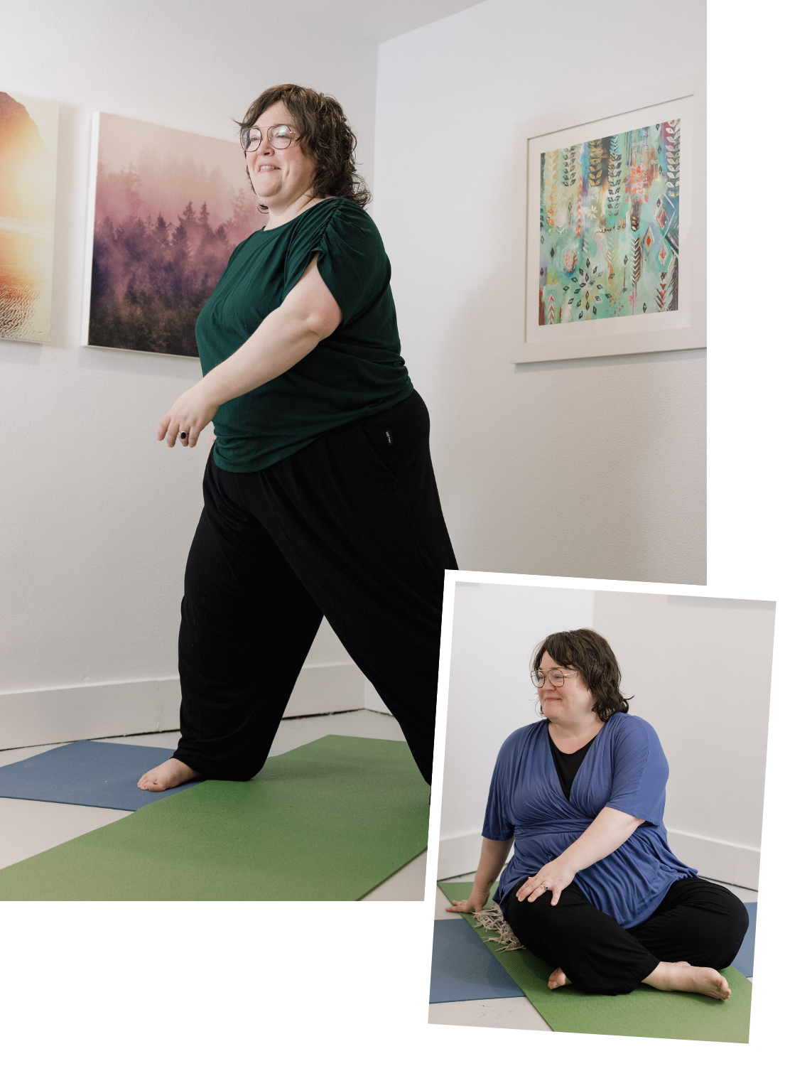 A woman practicing yoga indoors, with artwork on the wall behind her. She is wearing a green top and black pants, standing on a green yoga mat. A smaller inset shows the same woman in a seated pose on a blue yoga mat, wearing a blue top.