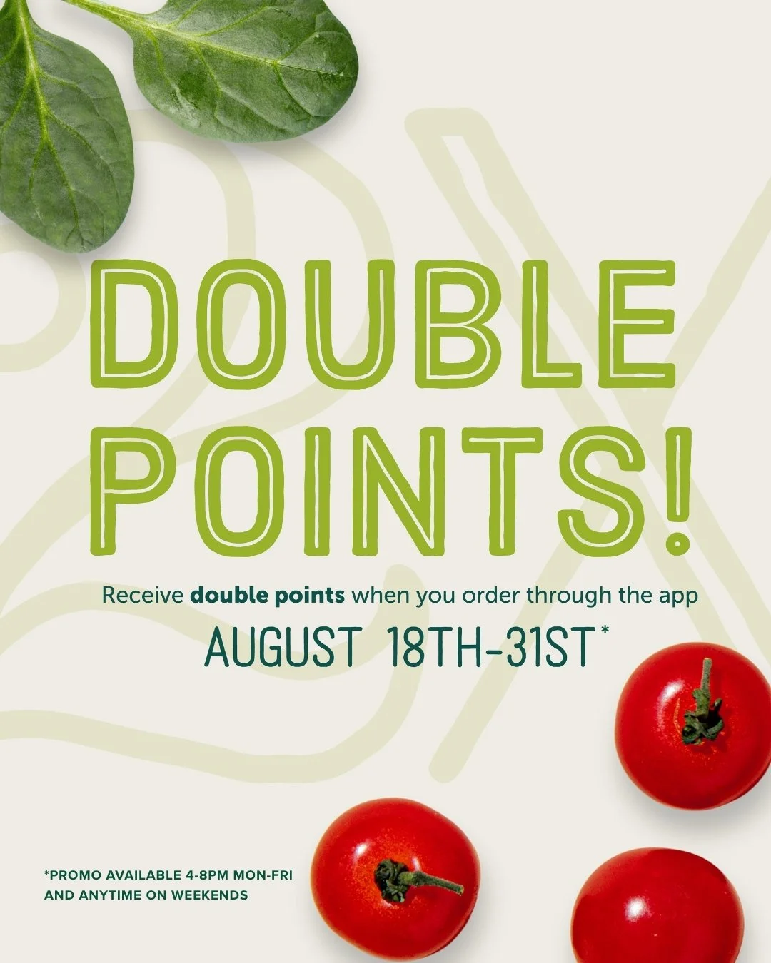 Double Points = Double the Rewards! 🎉
Weekdays 4 PM&ndash;Close + All Day Weekends through August!
Order in-store or on the app and rack up double points on your entire order.

Corelife for the Win! 🥗✨