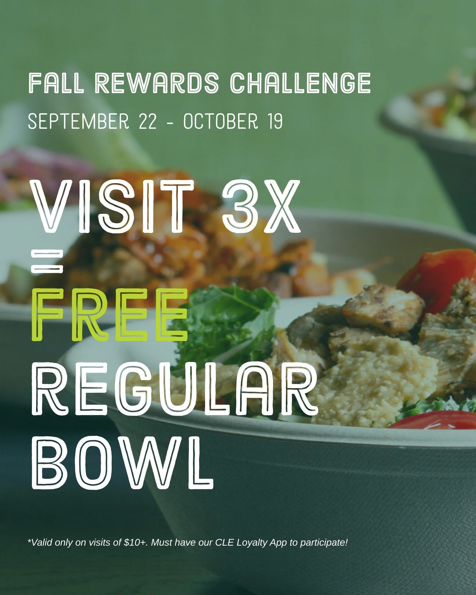 🚨 New Challenge Alert! 🚨
Visit CoreLife Eatery 3 times between today and Oct. 19th, spend $10 or more each visit, and earn a FREE Regular Bowl! 🥗✨

👉 Loyalty Members only
📲 Download the CoreLife Eatery App today to join the challenge and start e