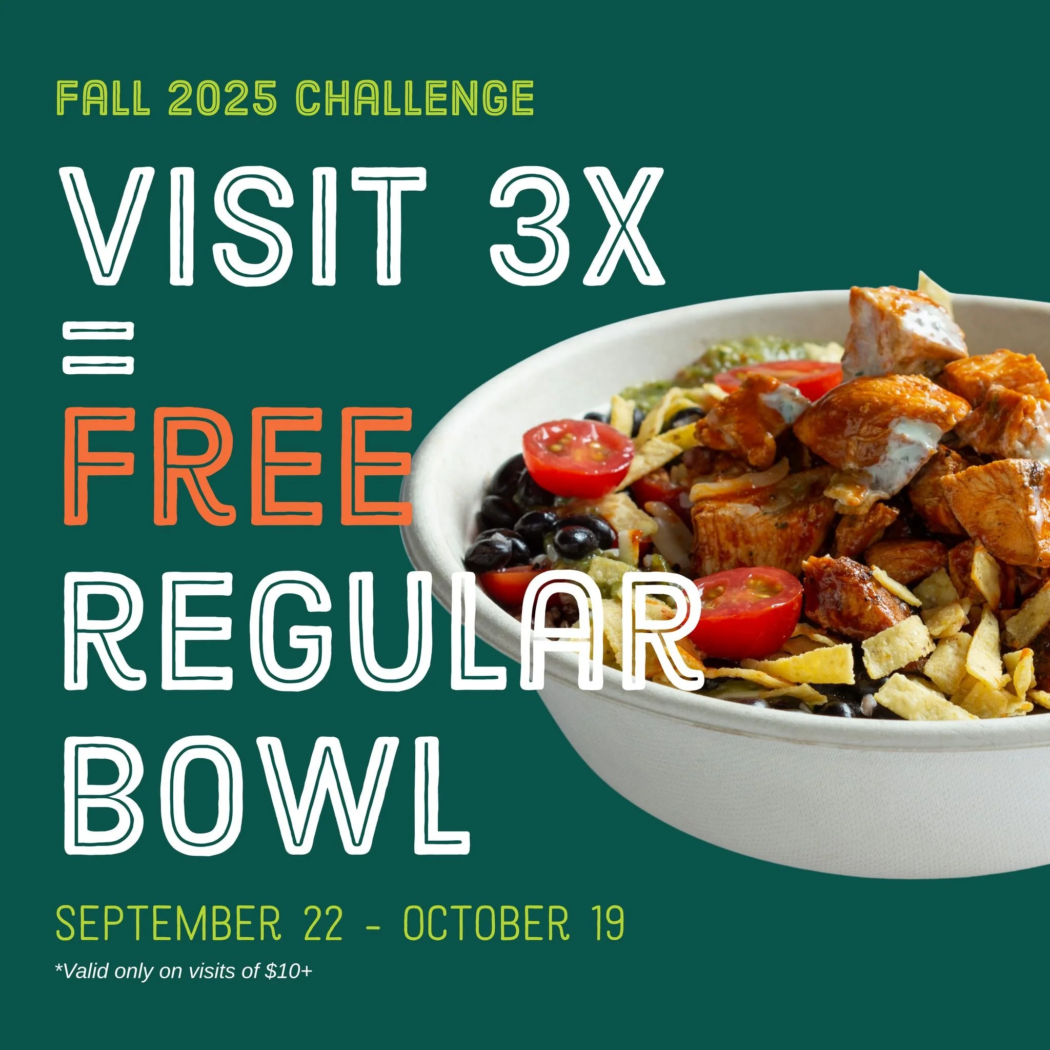 🥳 Challenge Accepted? 🥳

Dine with us 3 times between now and Oct. 19th (spending $10+ each visit) and we&rsquo;ll treat you to a FREE Regular Bowl! 🥗💚

✨ Loyalty Members Exclusive
📲 Don&rsquo;t miss out&mdash;download the CoreLife Eatery App to