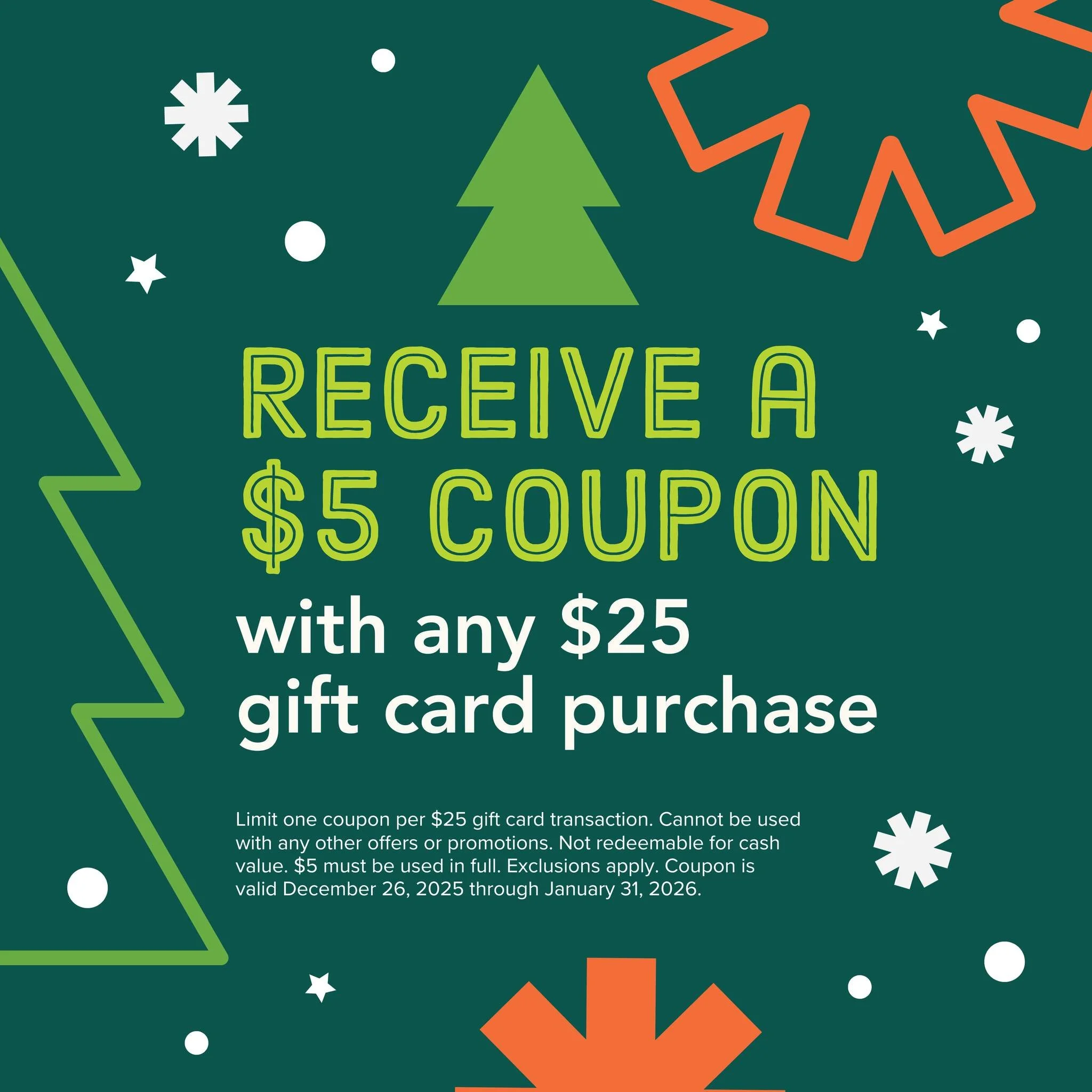 🎁 Give a Little, Get a Little!

Today through 12/31, buy a $25 CoreLife Eatery Gift Card &mdash; in-store or on the app &mdash; and you&rsquo;ll receive a $5 CoreLife Reward back!

Perfect for gifting&hellip; or keeping for yourself. 😉🧡

Disclaime