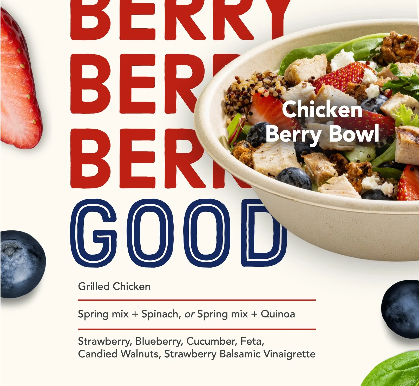 Happy first day of spring! To celebrate, we're bringing back our Berry Bowl for a limited time only 🍓🫐🌸

The Berry Bowl is loaded with grilled chicken, fresh strawberries, blueberries, cucumbers, feta, and candied walnuts&mdash;all over crisp gree