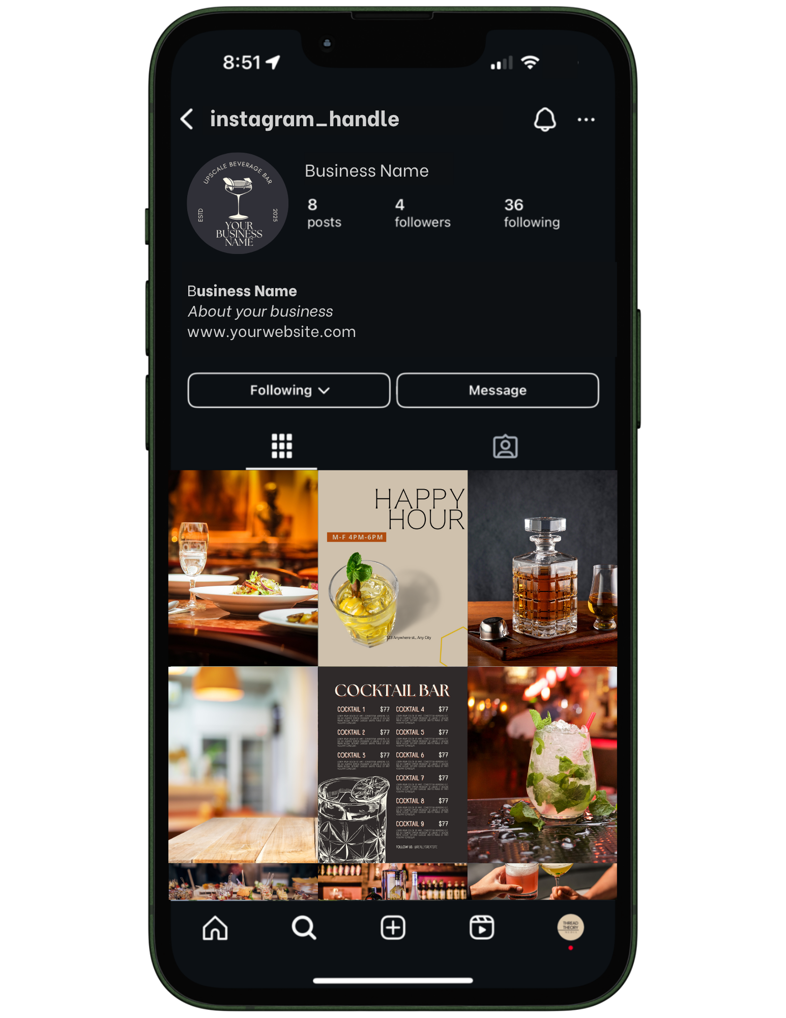Instagram profile page for a bar or restaurant, showing posts of drinks, food, and a Happy Hour promotion.