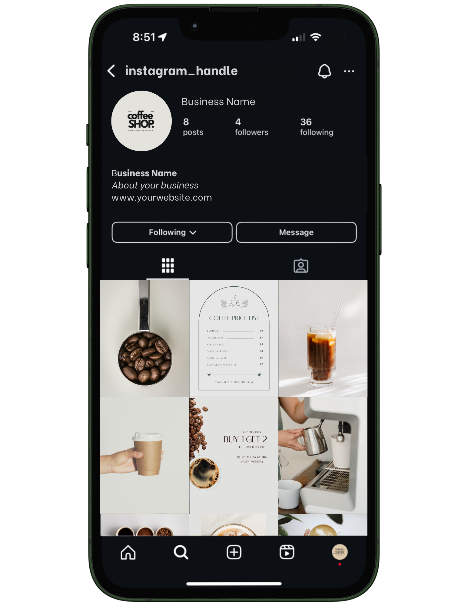 Instagram profile page of a coffee shop business with a black background, displaying the shop's logo, post count, followers, following, and a grid of images including coffee beans, a coffee price list, a glass of iced coffee, a hand holding a paper c