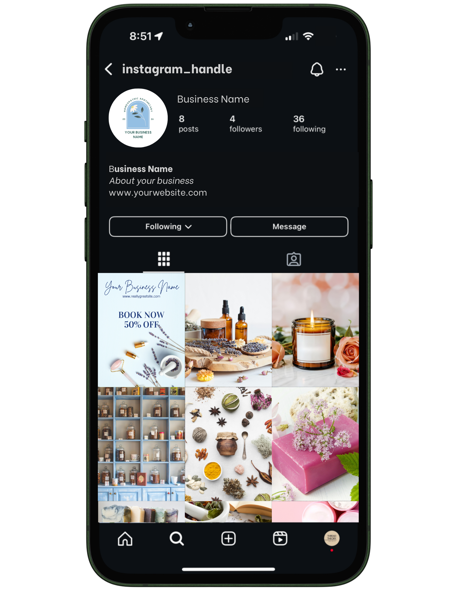 Instagram profile page with a black background, showing a business account with a circular logo, follower stats, and a grid of six images featuring skincare products, candles, herbs, and soap.