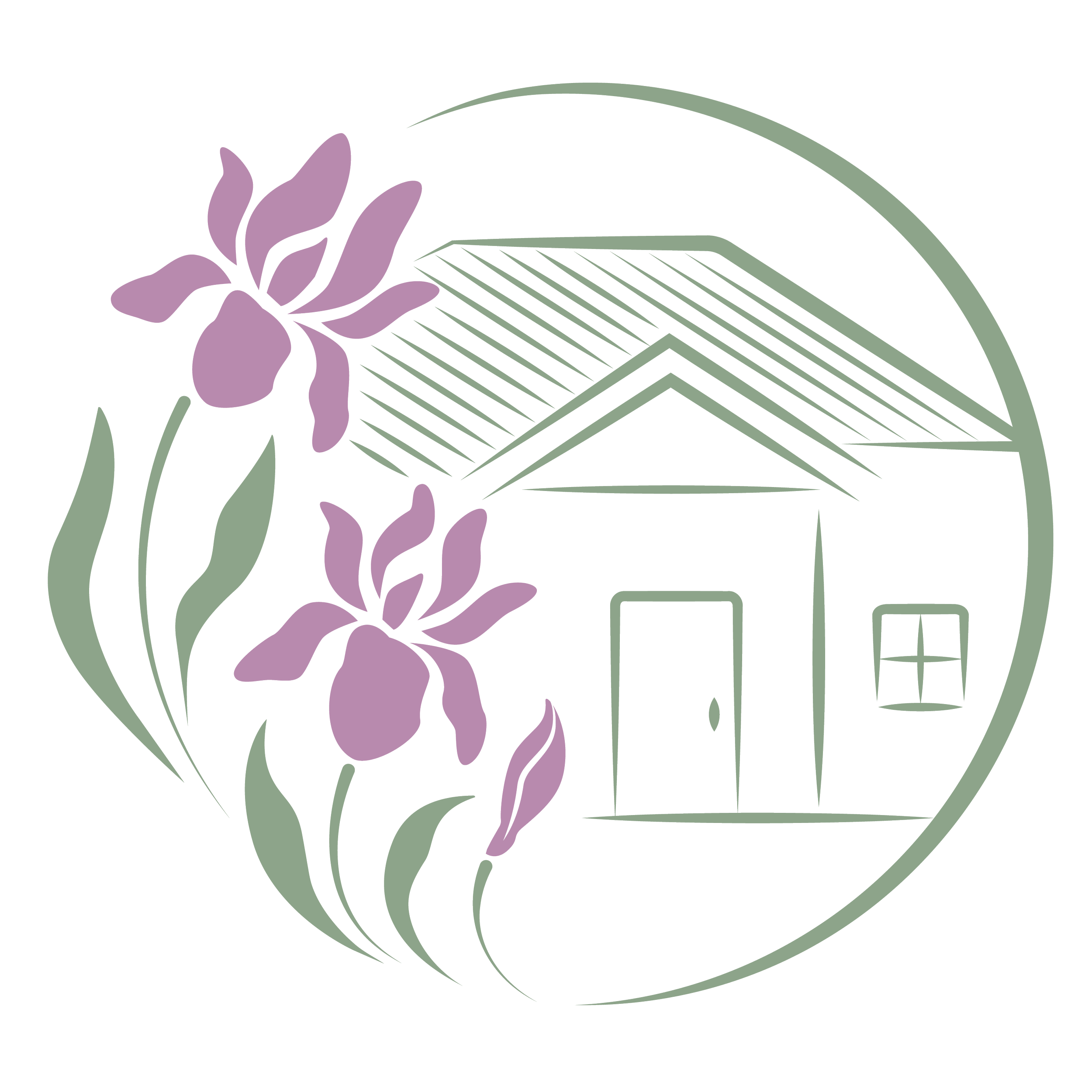 Line drawing of a house with a door and window, surrounded by purple flowers and green leaves within a circular border.