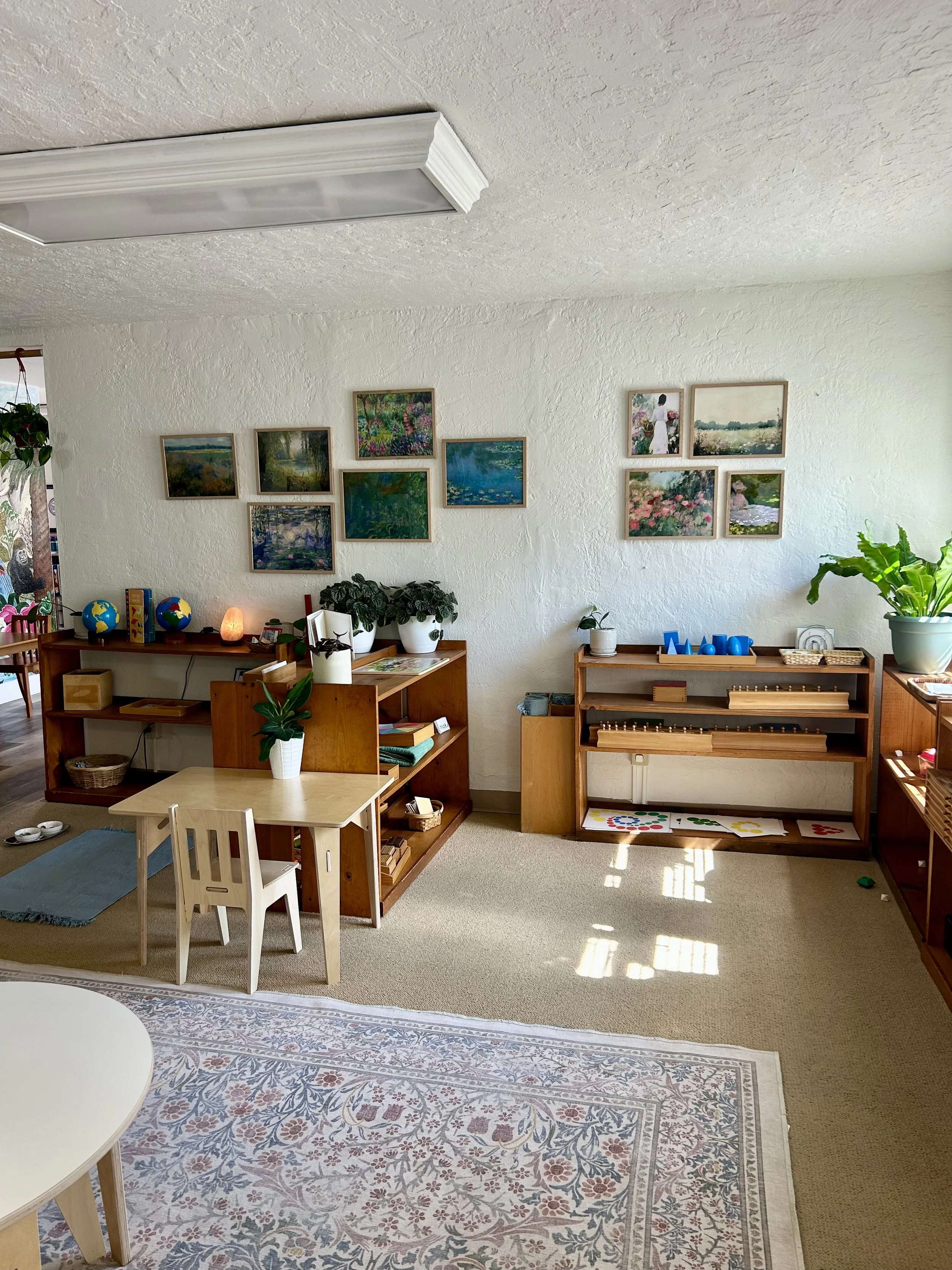 Indoor classroom shelves and wall art