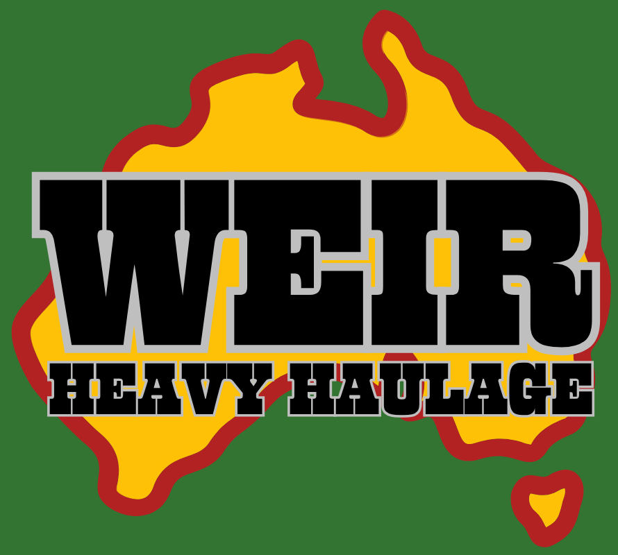 Logo for 'Weir Heavy Haulage' featuring a stylized Australia map outline in yellow with red borders, set on a green background, with bold black text outlined in grey.