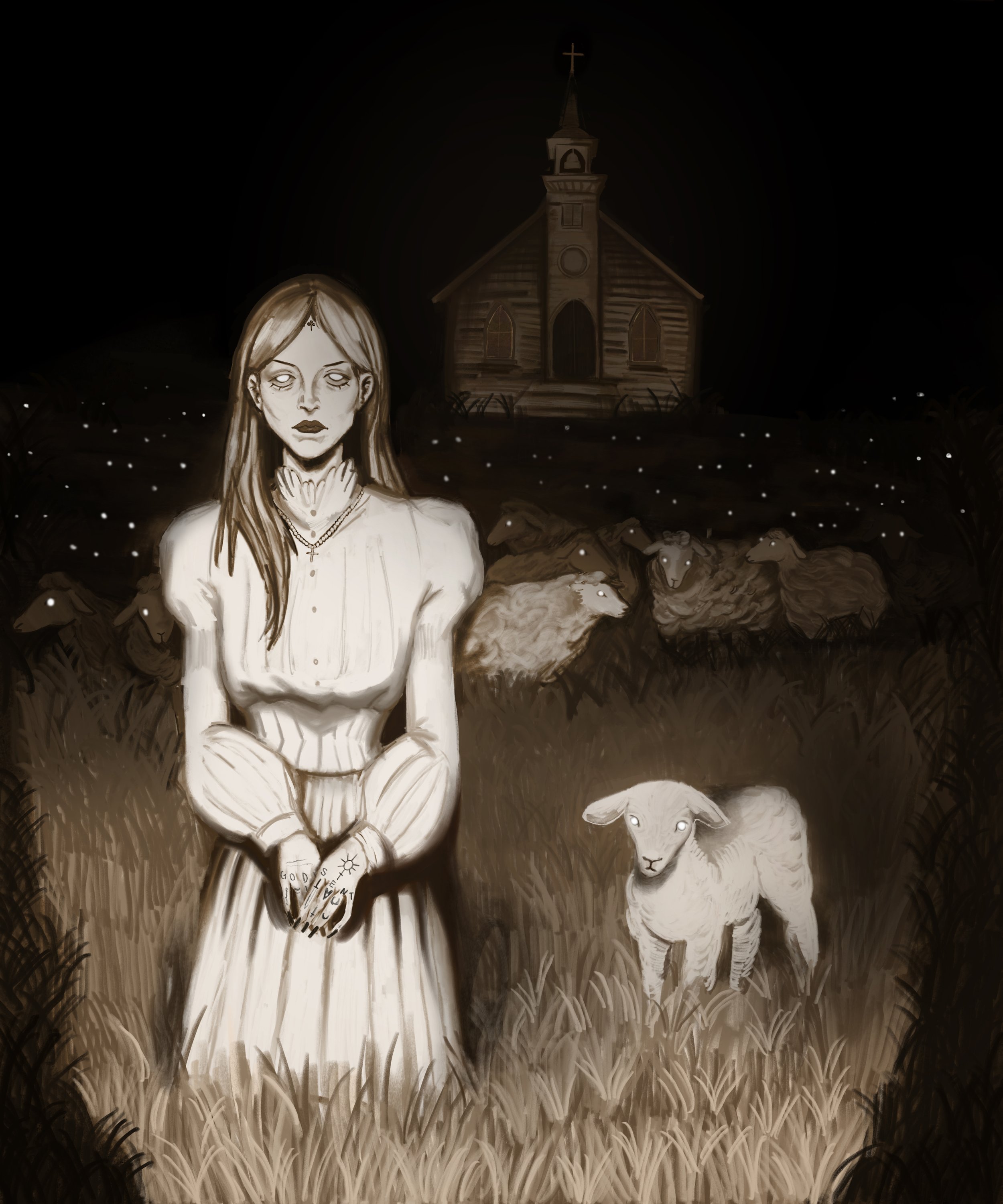 A gothic-style illustration of a woman with long hair and dark makeup standing in a field at night, surrounded by sheep and a small lamb in front of a church with a steeple and cross.