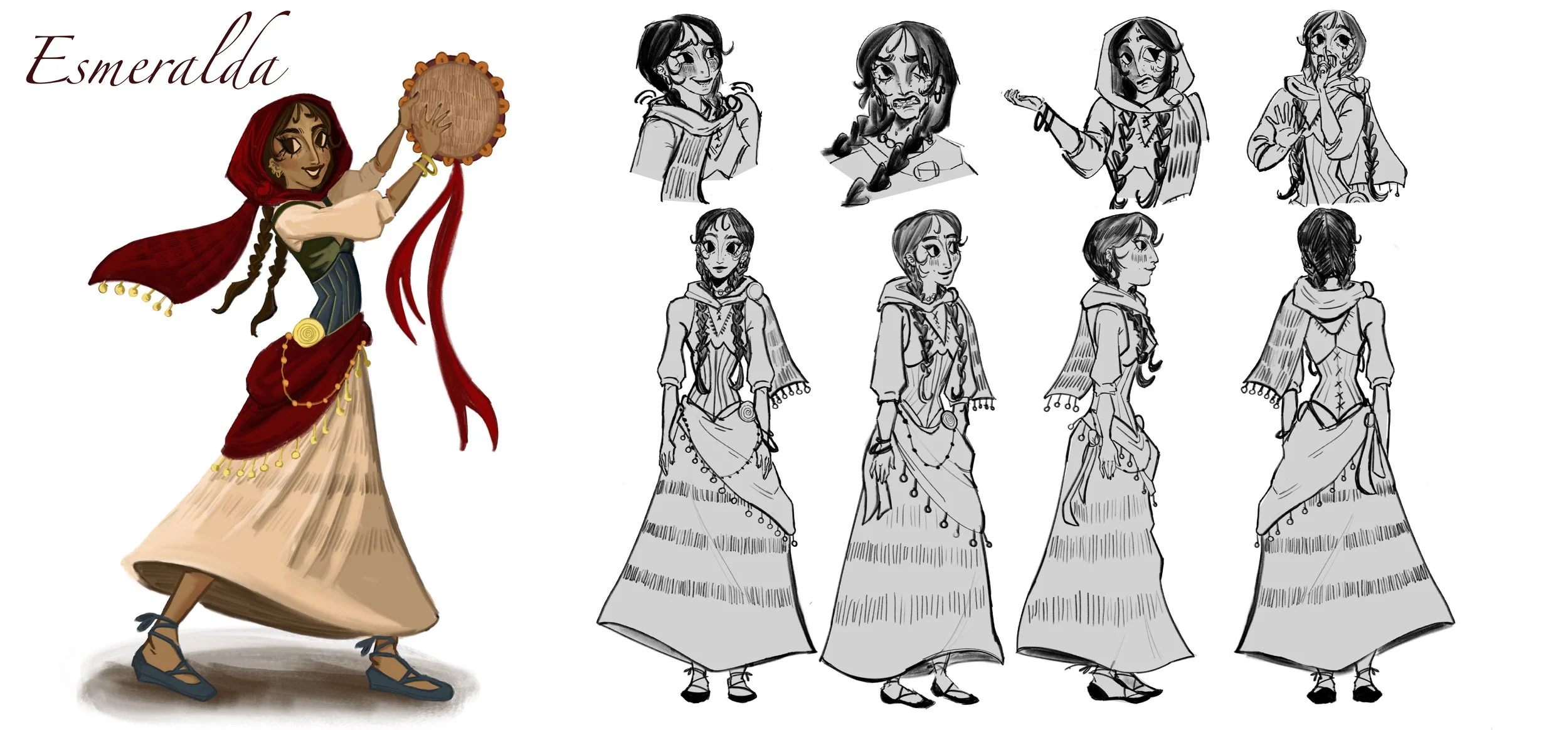 Character concept art of Esmeralda from Disney's The Hunchback of Notre Dame, displaying various sketches and color designs in different poses and expressions.
