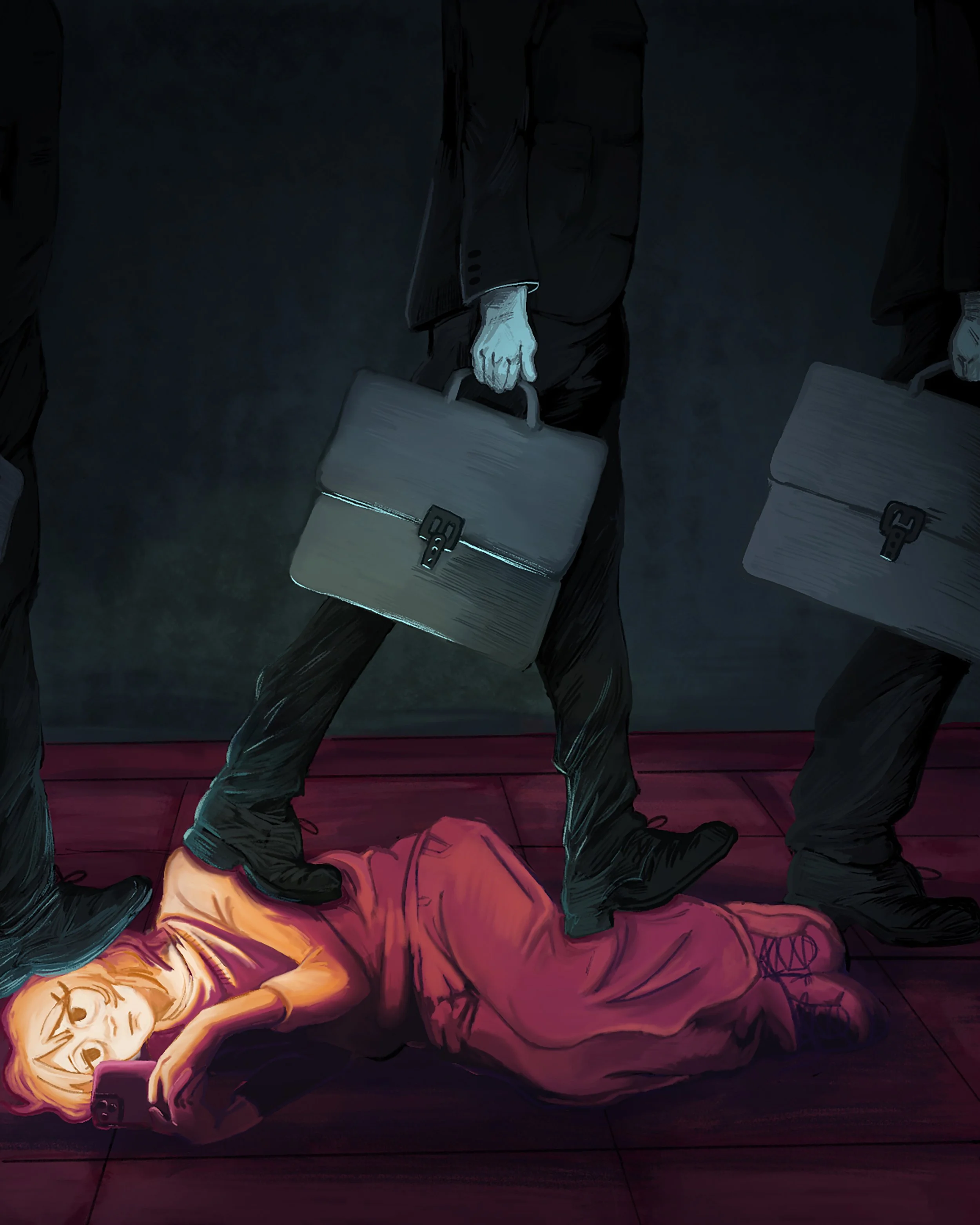 A woman lying on the floor, smiling and holding a phone, while several men in dark suits walk past her, each carrying briefcases. One man's foot is stepping on her arm.