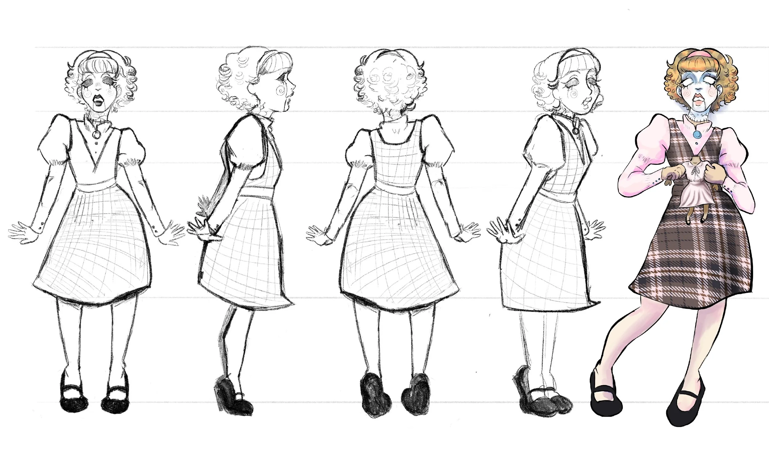 Character concept sheet showing five views of a cartoon girl with curly hair, wearing a checkered dress with puffed sleeves, black shoes, and holding a stuffed dog, with color and details added in the final version.