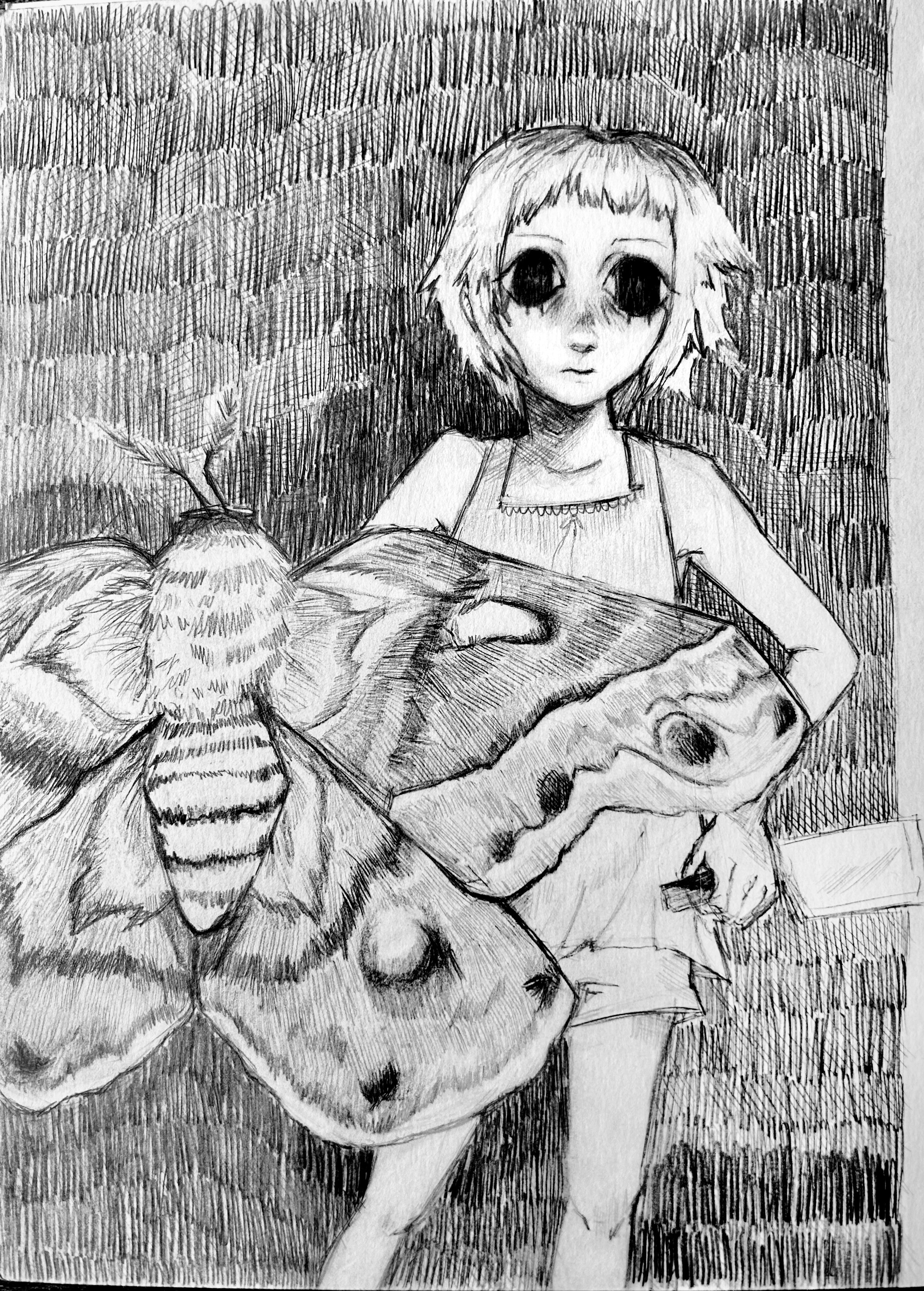 A girl with short hair and large, dark eyes is holding a large butterfly with detailed wings, and a smaller insect is on her arm. The background is shaded with crosshatching.
