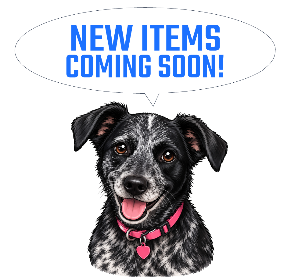 A black and white speckled dog with a pink collar and heart-shaped tag, smiling with tongue out, with a speech bubble saying 'New Items Coming Soon!'