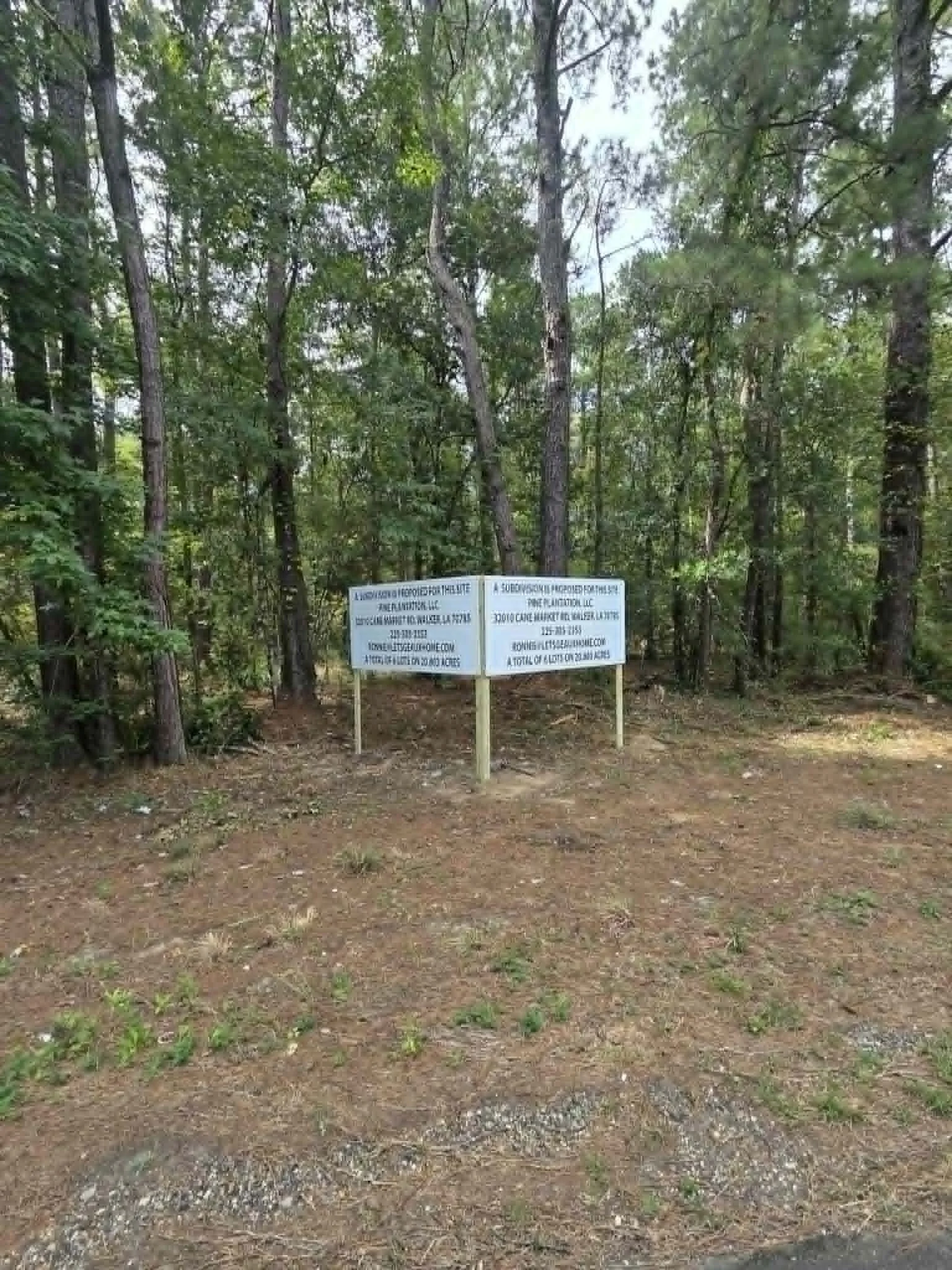 A forested area with tall trees and green foliage. Two white informational signs are posted on the ground in front of the trees.