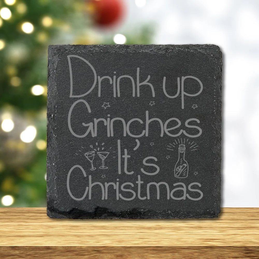 Drink Up Grinches Engraved Slate Coaster - Set of 2