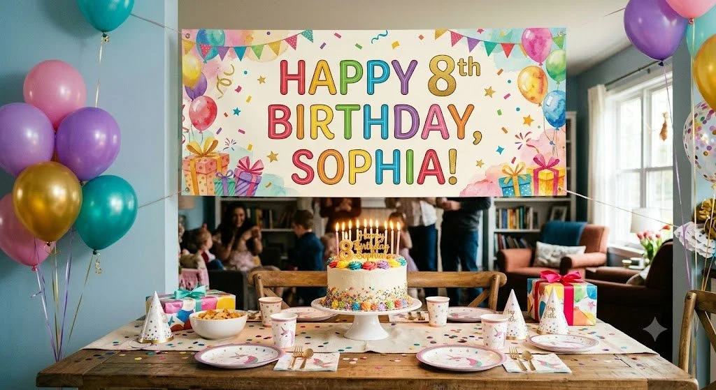 Colorful birthday party setup for an 8th birthday celebration for Sophia, with balloons, a cake with candles, presents, and a decorative banner.