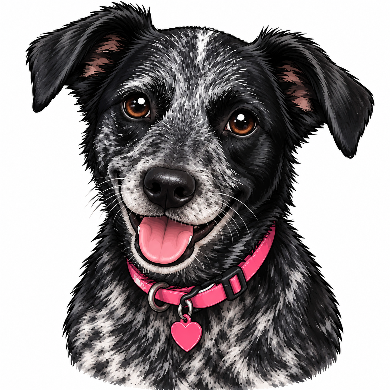 Digital illustration of a happy black and white speckled dog with brown eyes, pink collar, and a pink heart-shaped tag, looking directly at the viewer.