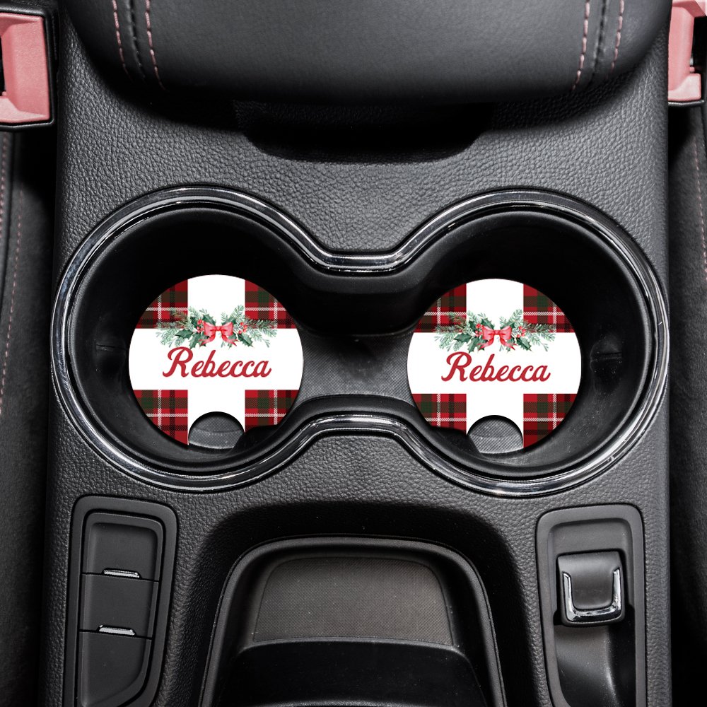 Personalized Christmas Plaid Car Coaster Magic