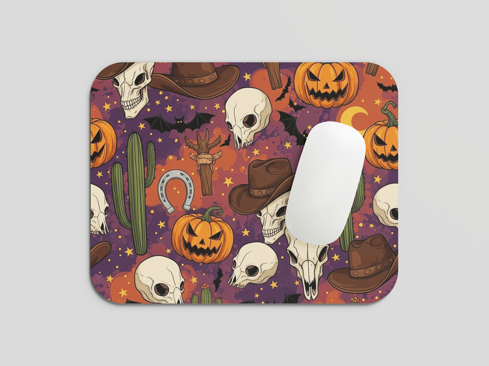 Decorative Halloween-themed sign with skulls, pumpkins, cacti, bats, horseshoes, and cowboy hats on a purple background with stars and clouds.