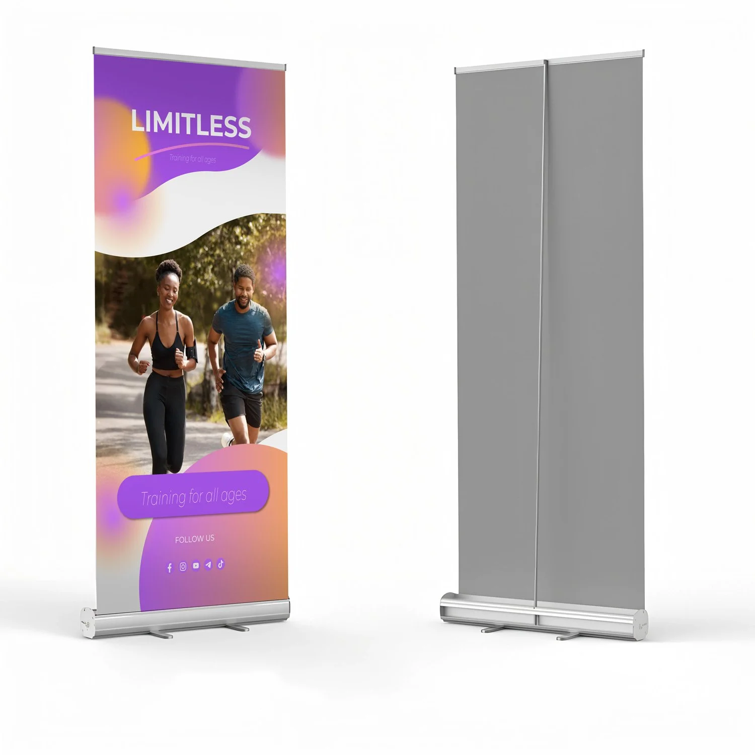 Two vertical roll-up banners, one displaying a colorful design with the text "LIMITLESS" and an image of two people running outdoors, promoting fitness training for all ages, and social media icons at the bottom, and the other banner is plain gray with no visible content.