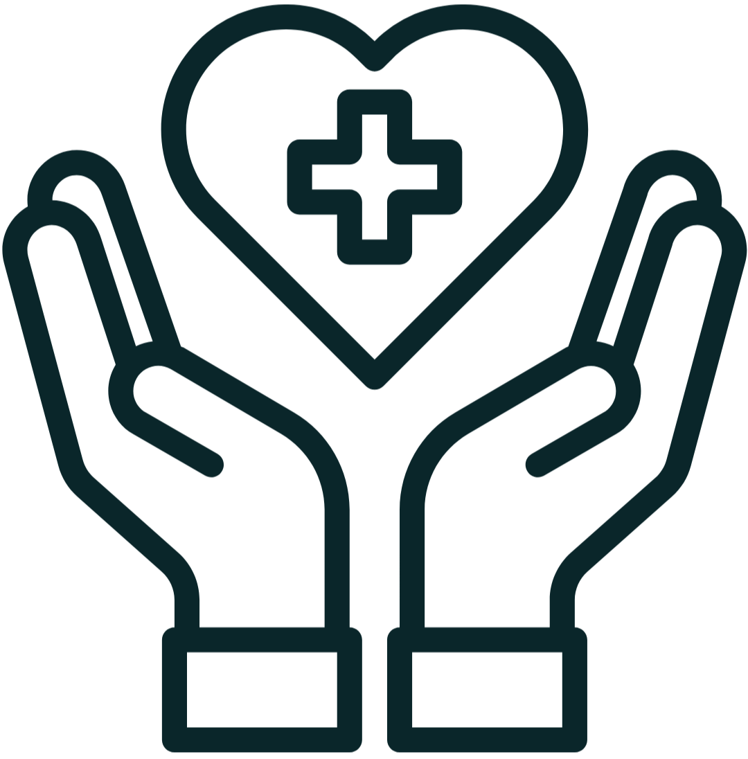 Outline of two hands holding a heart with a medical cross inside it.