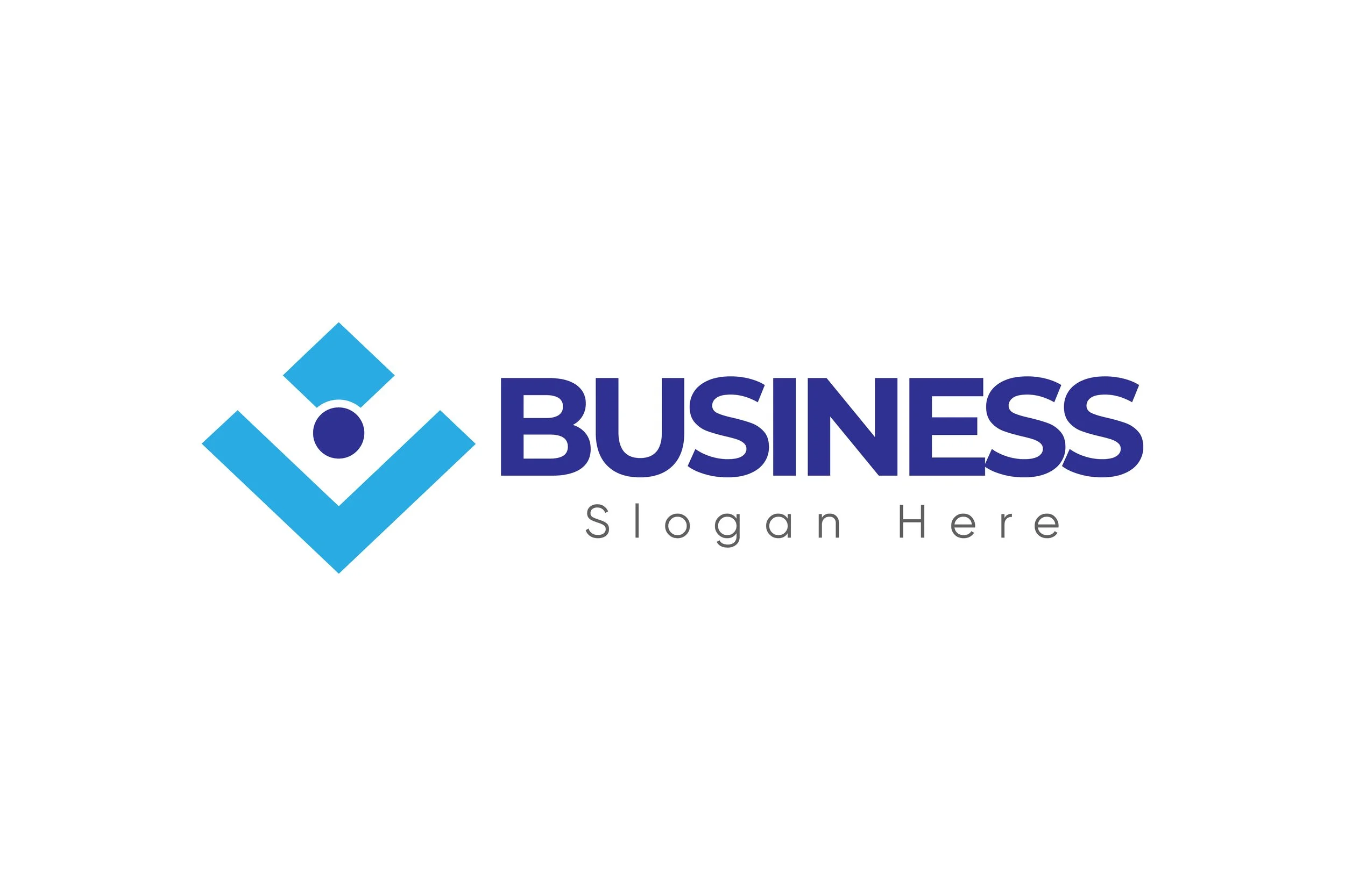 A logo featuring a blue geometric diamond shape with a circle inside, next to the word 'BUSINESS' in bold blue letters, and 'Slogan Here' in smaller gray text below.