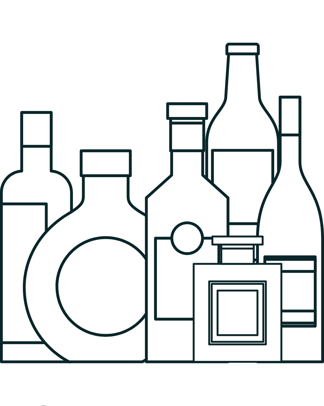 Outline of several bottles, likely alcohol bottles, arranged together.