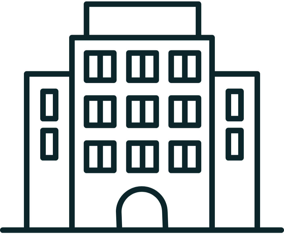 A simple line drawing of a multi-story apartment building with a central arched entrance.
