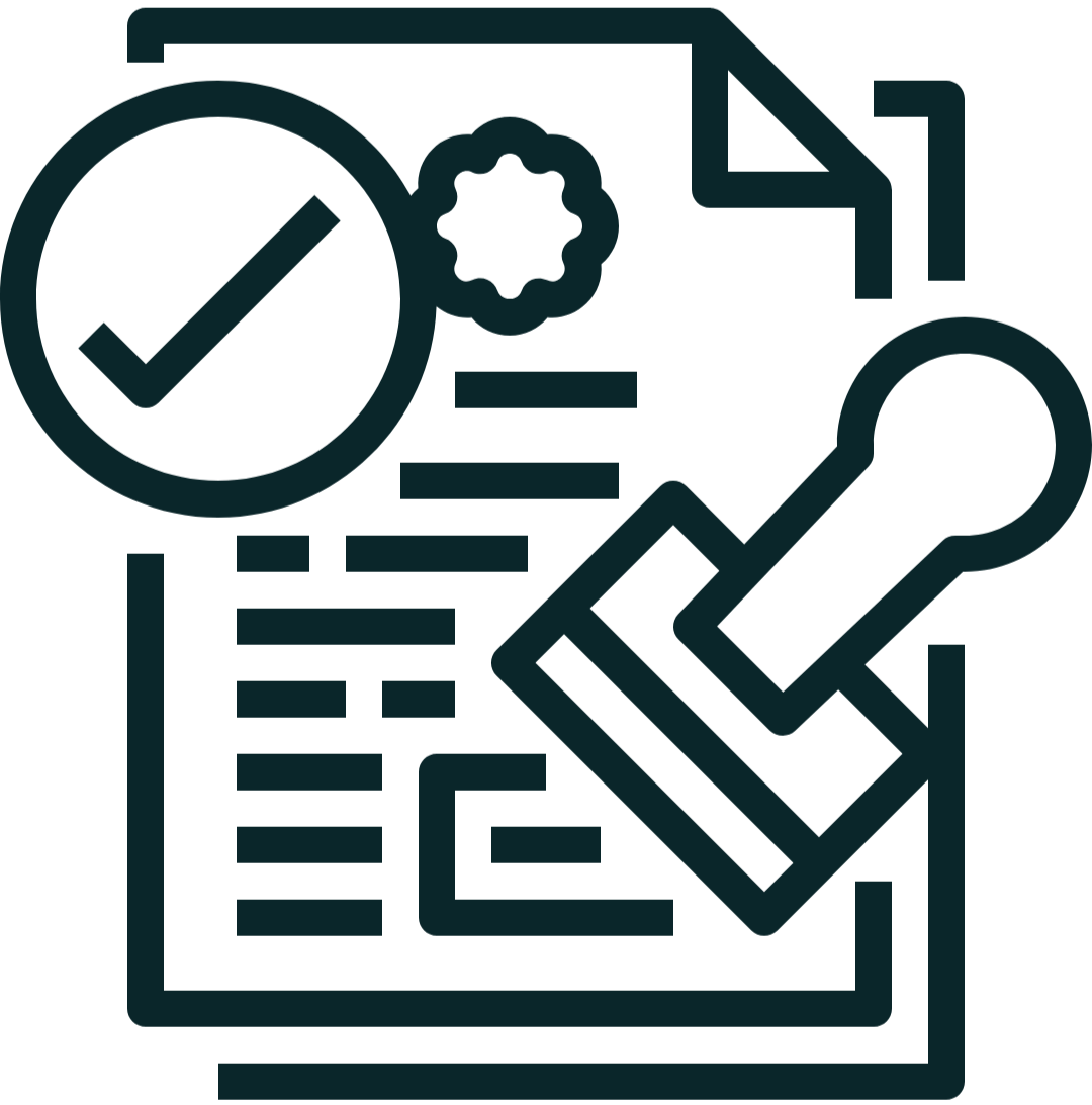 Icon of a document with a checkmark, gear, paper clips, and a magnifying glass.