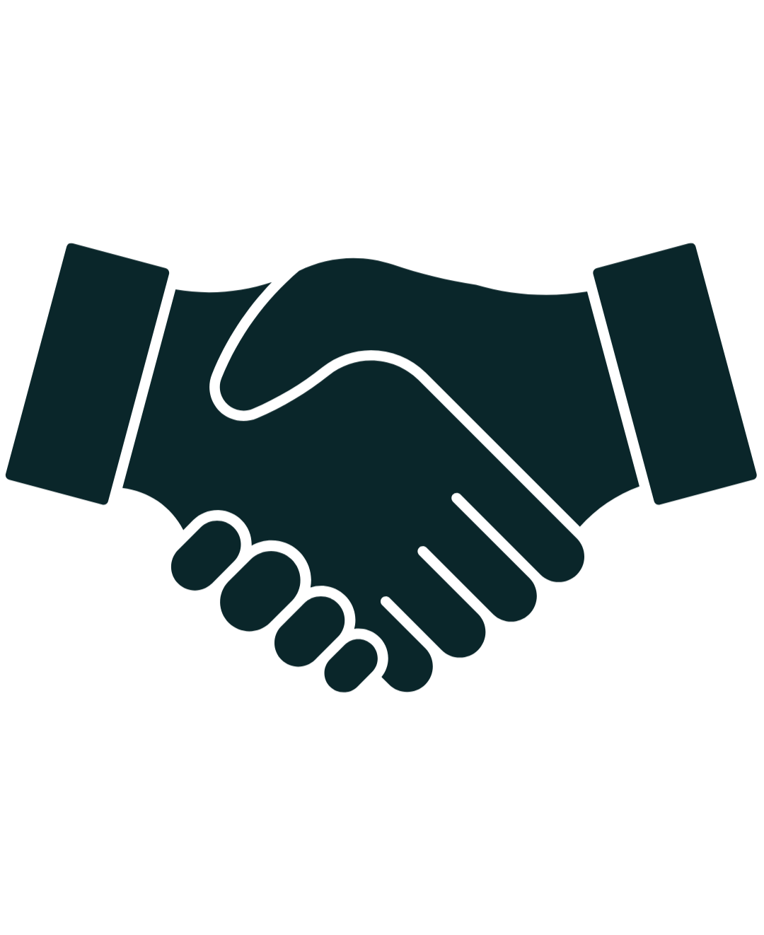 Simple black silhouette of two hands shaking, representing agreement or partnership.